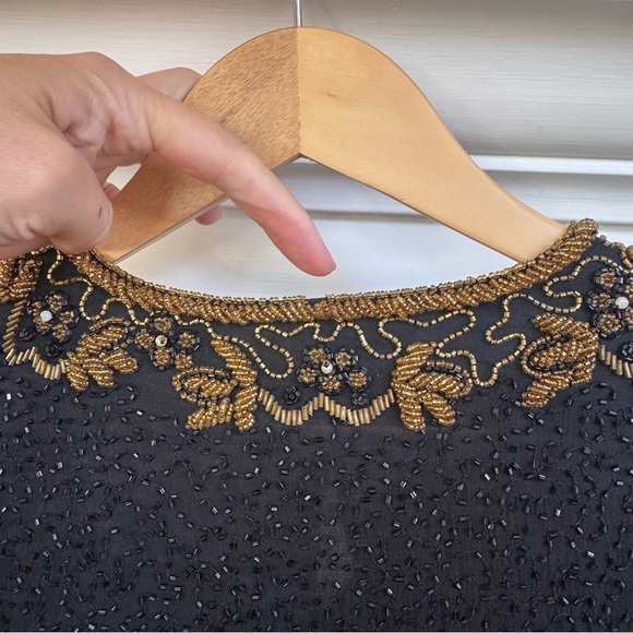 Scala Vintage Black Beaded Silk Open Front Evening Jacket Gold Boarder XL - Picture 6 of 10